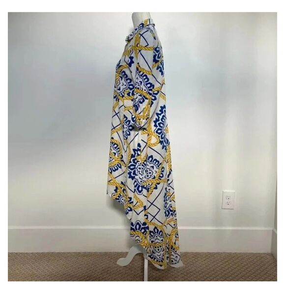 Everlily Chain Floral Pattern Linen Beach Hi Low Dress Belted Button Down NWT - Picture 3 of 8